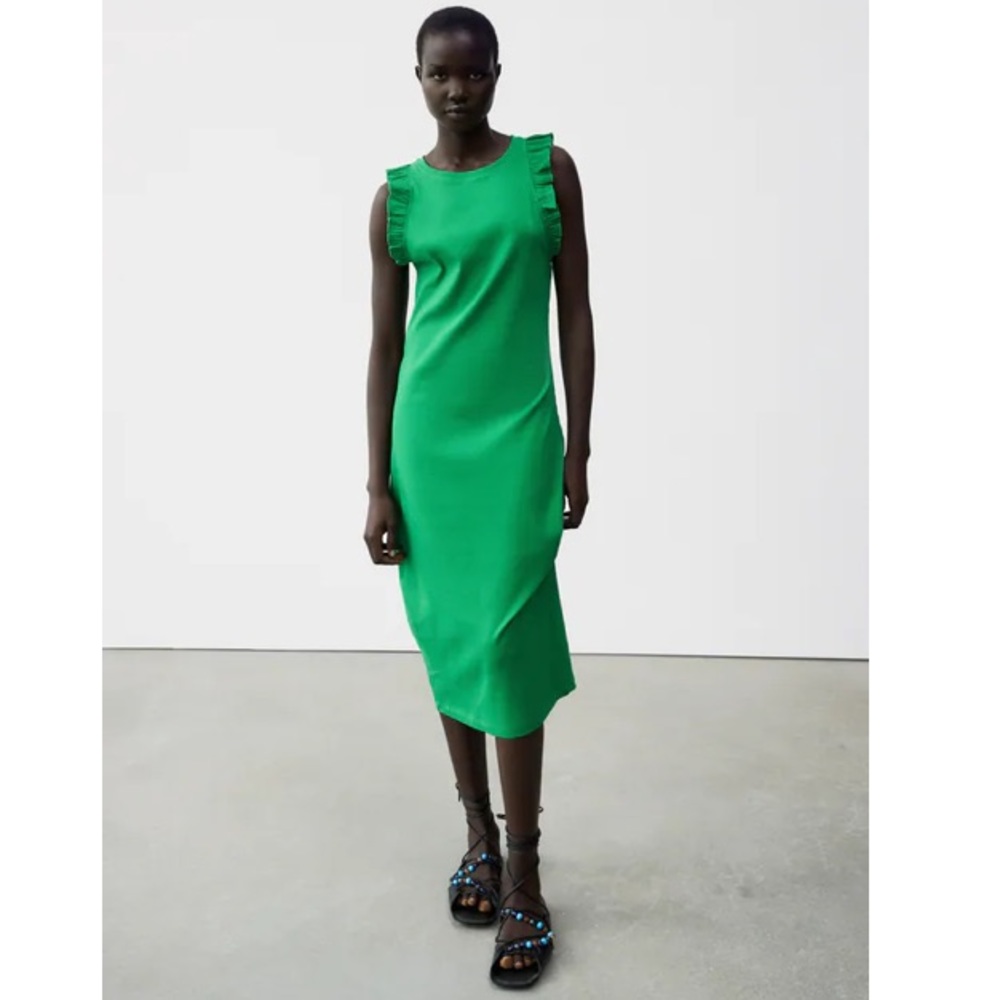 Zara Green MIDI Dress w/Ruffled Sleeves